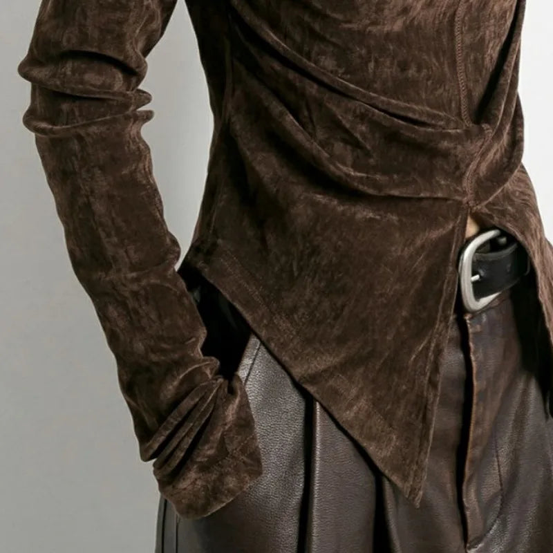 Pydshop Front Side-slit Solid Color Soft Long Sleeve Top
