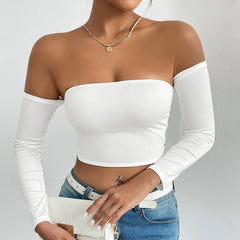 Pydshop Off Shoulder Crop T-Shirt, Casual Long Sleeve Top For Spring & Fall, Women's Clothing