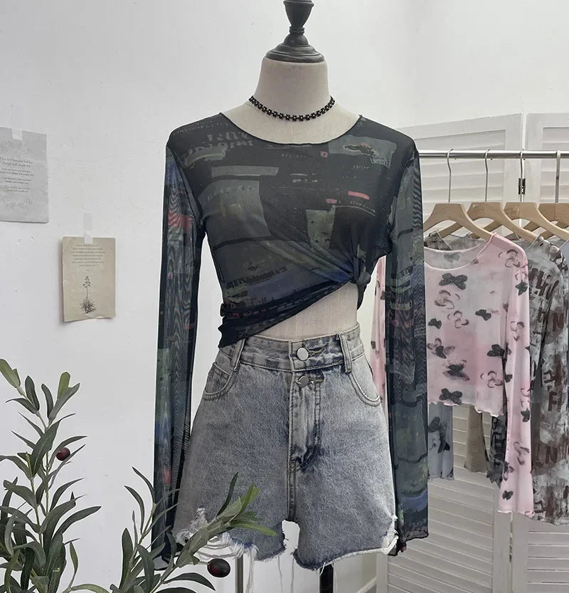 Pydshop Women's Vintage Tie Dye Print Long Sleeve T-Shirt Hot Girl Sexy See Through Mesh Bottoming Short Crop Top 2612 Party Essential
