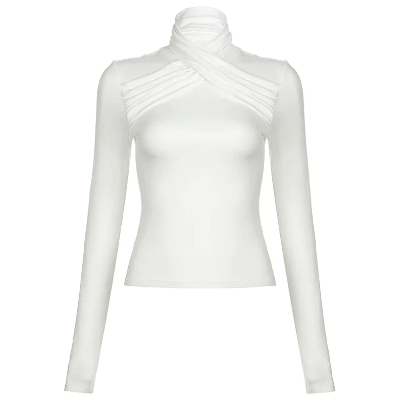 Pydshop 2024 Fashion Woman tops y2k style White Turtleneck Long Sleeves Top