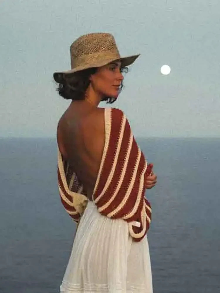 Pydshop Backless Bat Sleeve Knitted Beach Cover-Up Top