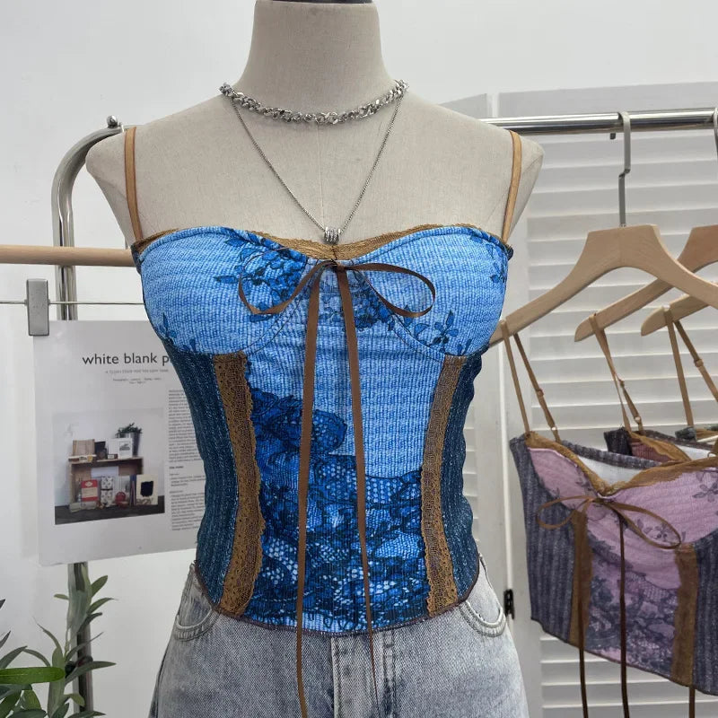 Pydshop Women Retro Ink Painting Adjustable Spaghetti Straps Camisole Bandeau Top With Padded Breasts Slim Fit Tube Top Party Streetwear