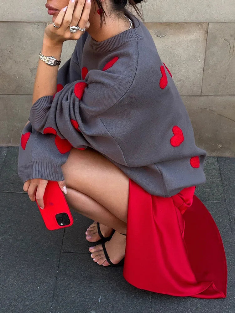 Pydshop Casual Heart Print Sweater Pullovers For Women Long Sleeve O Neck Fashion Loose Kniited Top Autumn Winter 2024 Streetwear