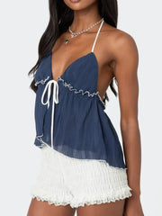 Pydshop Women Sexy Halter Tie-up Vest Tops Y2k Texture Ruffle Patchwork Sleeveless Backless Open Front Tie-up Split Camisoles Streetwear