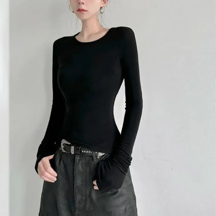 Pydshop Black Retro Angel Print T-shirt for Women 2024 Autumn Fashion Slim Fit Tee Shirt Y2k E-Girl Long Sleeve Bottoming Tops Mujer