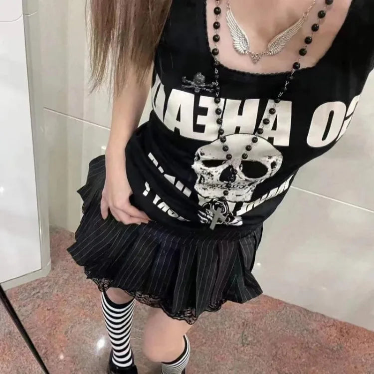 Pydshop Punk Skull Rose Print Vest T-shirts 2024 Summer New Sleeveless Tops Women Y2k Grunge O-neck Slim Fit Black Tee Shirt