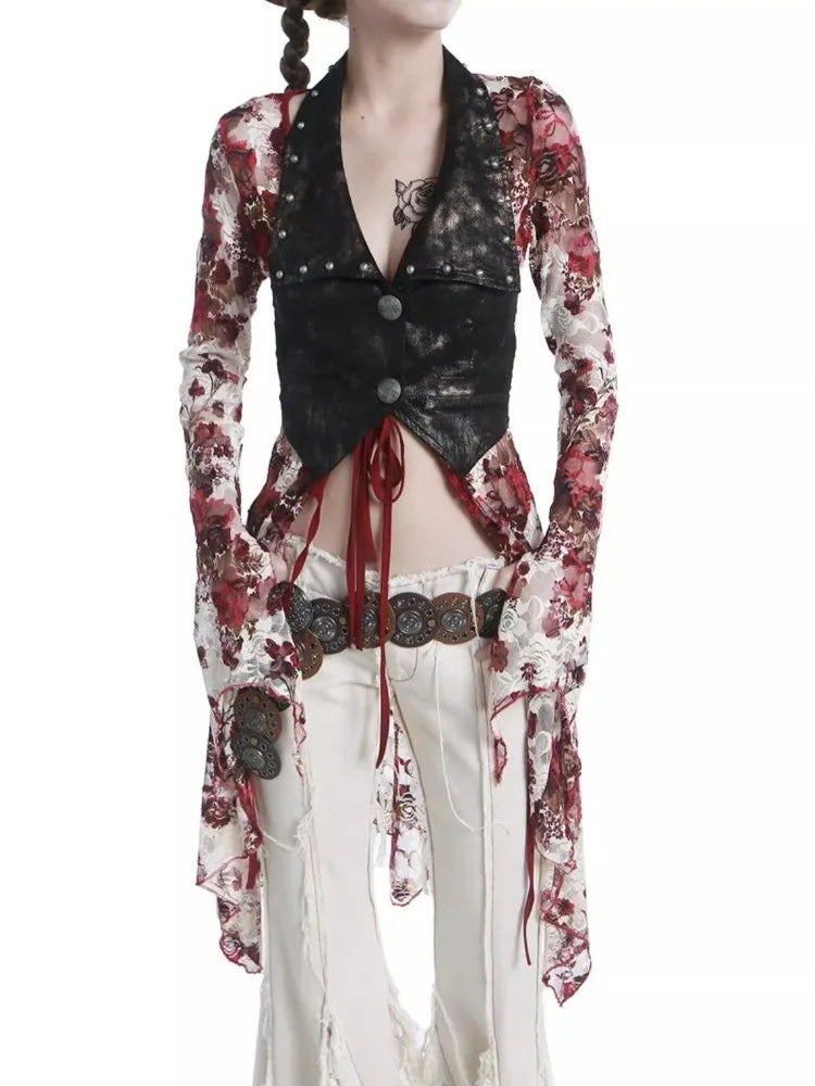 Pydshop Vintage Gothic Flower Tie Dye Lace Shirts Women Y2k Sexy V-neck Slim Fit  Up Blouses 2024  New Long Sleeve Cardigan Tops