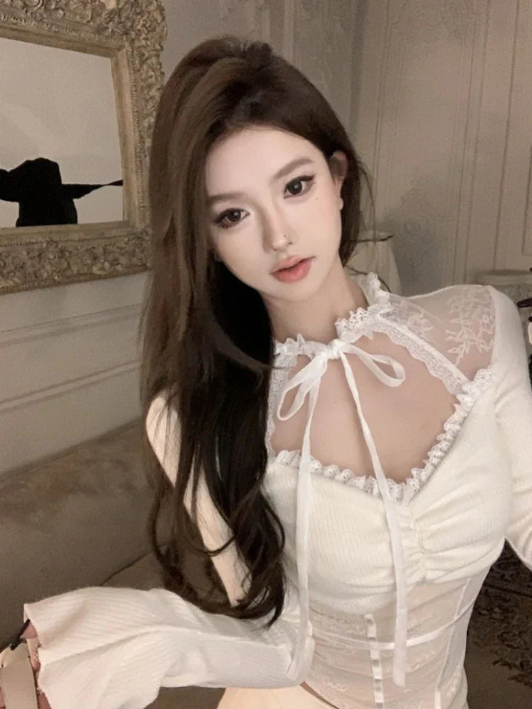 Pydshop Lace Patchwork Hollow Out Long Sleeved Knitted Tops Women Sexy Irregular Slim Fit T-shirts 2024 New  Sleeve Black Tee Shirt