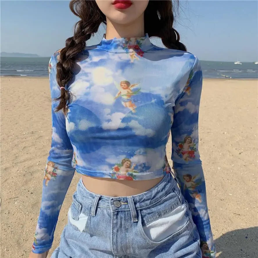 Pydshop New Arrival Women Angel Tee Sexy Women T Shirt See Through Transparent Mesh Top Long Sleeve Sheer Slim Ladies Turtleneck Blouse