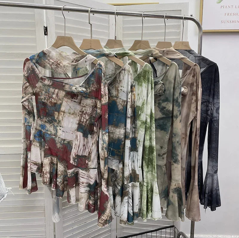 Pydshop Hot Girl Retro Off-Shoulder Flare Long Sleeve Top For Women Scarf Streamer Flower Ruffle Slim Sexy Mesh Irregular top Clubwear