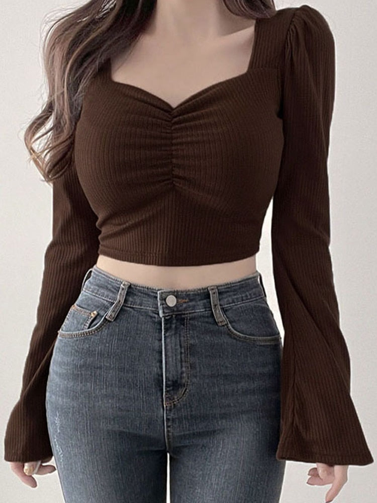 Pydshop Korean Fashion Crop Top Women Spring Summer Flare Sleeve Square Collar T-shirt Solid Color All-match Pleated Tops Tees Camisetas