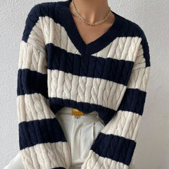 Pydshop Striped Drop Shoulder Sweater Fashion Women Loose Sweater Long Sleeve Simple Knitwear V-Neck Contrast Casual Sweater Top Fall Outfits 2023