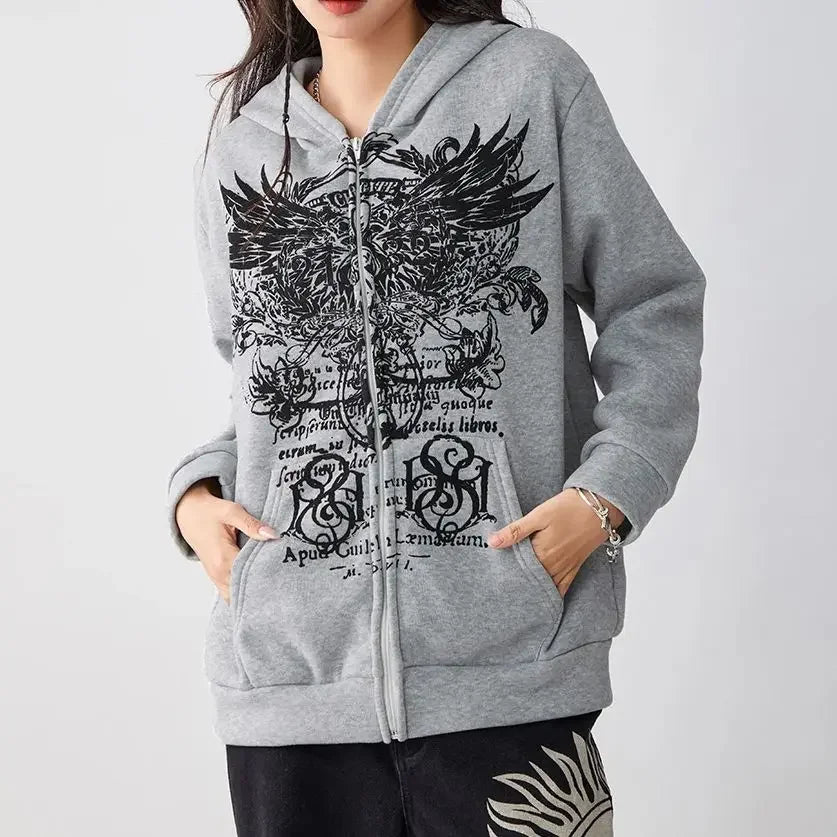 Pydshop hirigin Gothic Sweatshirt Women y2k Clothes Graphic Print Zip Up Long Sleeve Tops with Pockets Fairy Grunge Hoodie Streetwear