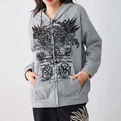 Pydshop hirigin Gothic Sweatshirt Women y2k Clothes Graphic Print Zip Up Long Sleeve Tops with Pockets Fairy Grunge Hoodie Streetwear