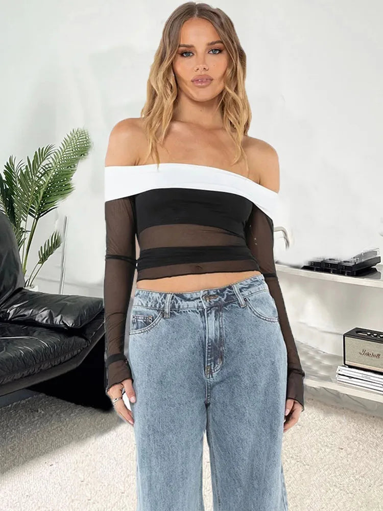 Pydshop Lace Splice Low Neck Off The Shoulders Sheer Top