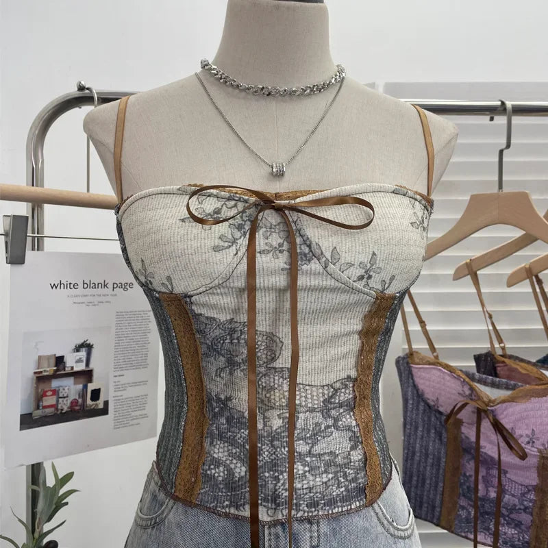 Pydshop Women Retro Ink Painting Adjustable Spaghetti Straps Camisole Bandeau Top With Padded Breasts Slim Fit Tube Top Party Streetwear