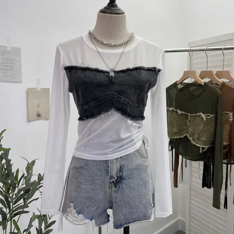 Pydshop Hot Girl American Retro Denim Mesh Patchwork Top Sexy See Through Drawstring Long Sleeve Short T-shirt Party Casual Streetwear