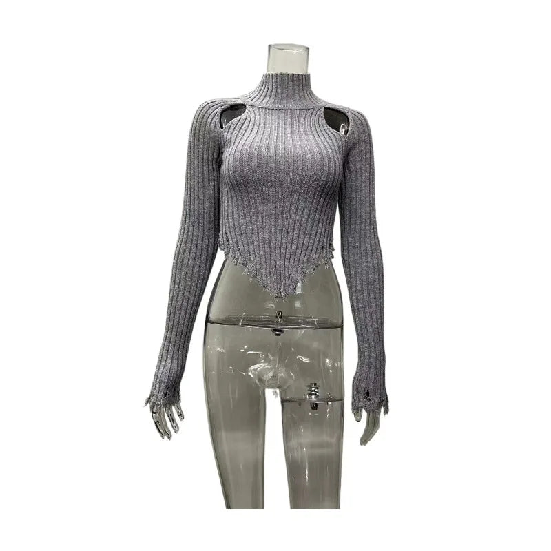 Pydshop Knitted Sweater Women High Collar Long Sleeve Worn Sexy Hollow Out Pullover Spring High Street Navel Y2K Sweaathers Tops