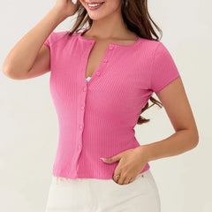 Pydshop Women Button Up Ribbed Kint Sweater Picot Trim Cap Short Sleeve Shirt Slim Fit Open Front Casual Cardigan Tops