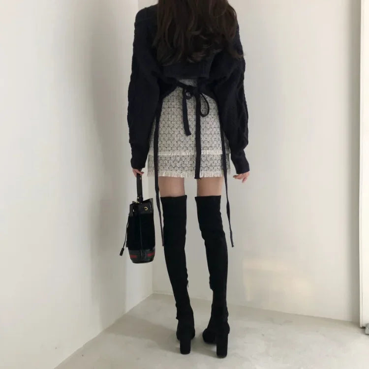 Pydshop Autumn New V-neck Slim Fit Sweaters Mujer Harajuku E-Girl Back Lace Up Knitted Pullover Y2k Grunge Long Sleeve Tops Women