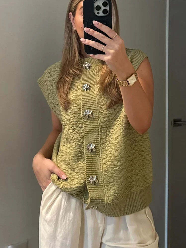 Pydshop Casual Knitted Vests Sweater For Women Fashion Button Sleeveless O-neck Cardigan Top Autumn 2024 Lady Versatile Knitwear