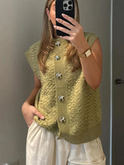 Pydshop Casual Knitted Vests Sweater For Women Fashion Button Sleeveless O-neck Cardigan Top Autumn 2024 Lady Versatile Knitwear