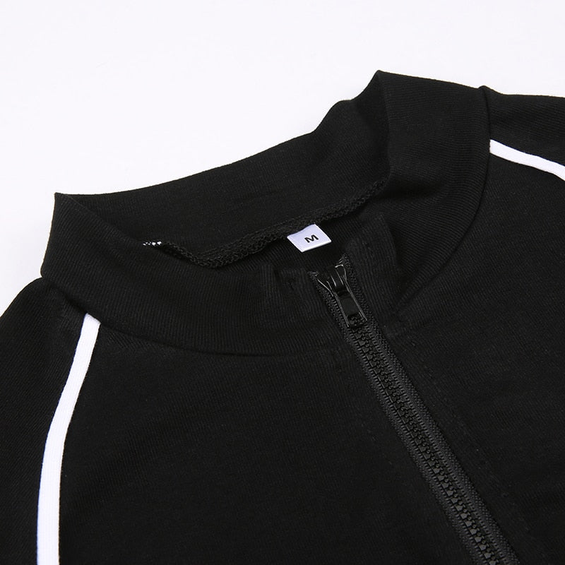 Pydshop Black Casual Stripe Stitch Zipper Top