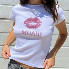 Pydshop Kawaii Sweet Cute Print Crop Tops Korean Aesthetic 00s Retro Baby Tees Chic Short Sleeve Slim T-shirt Women Y2K Vintage Clothes