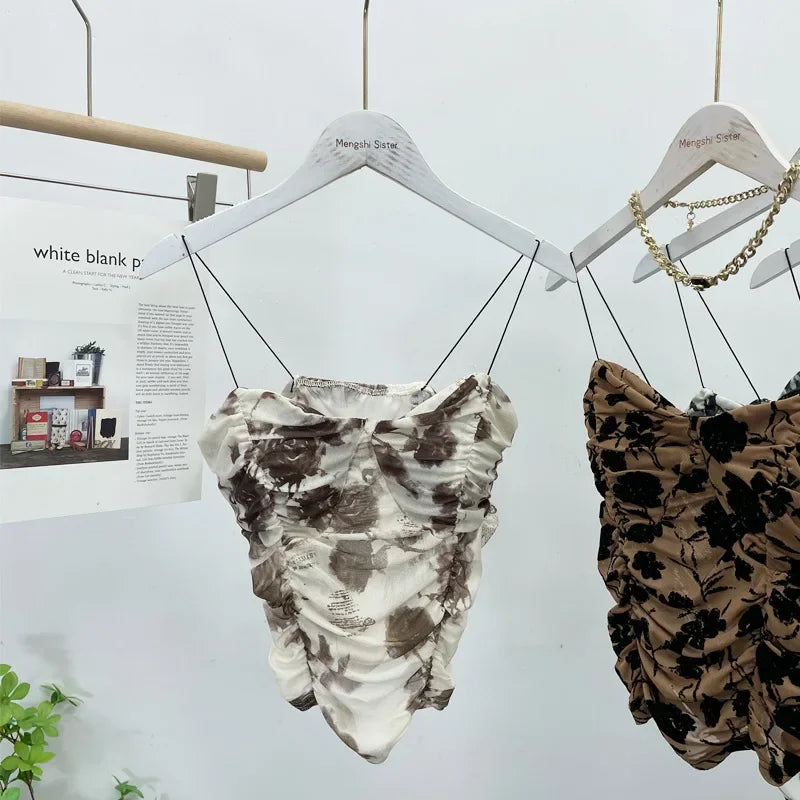 Pydshop Women Retro Tie Dye Printed Spaghetti Strap Camisole Sexy Mesh Pleated Short Tube Top With Breast Pads Sleeveless Casual Y2K Top