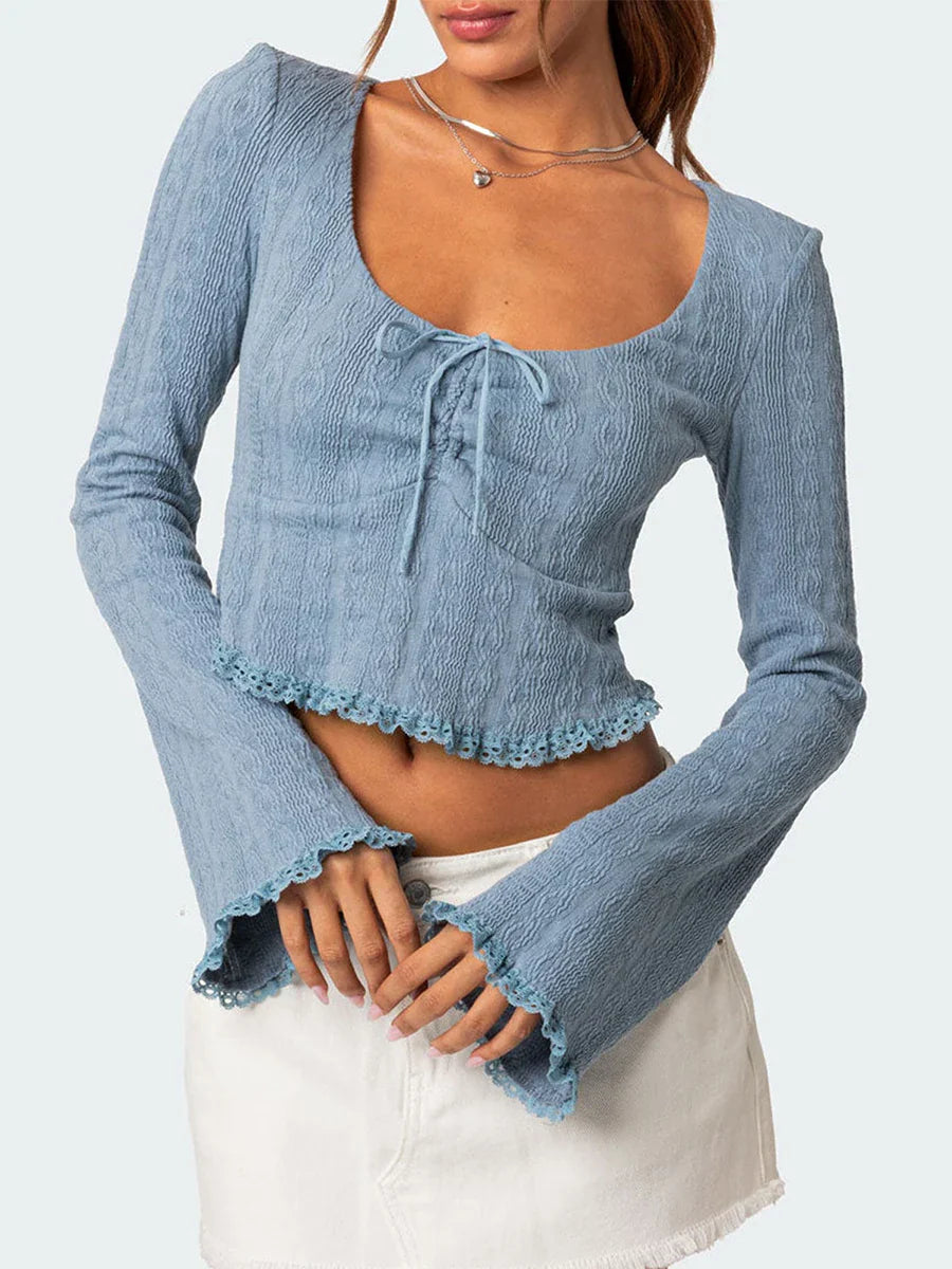 Pydshop Chic Jacquard Vintage Crop Top Autumn Long Sleeve Tee Shirts Female V Neck Tie UP Bow T shirts Y2K Lace Hem Shirts Clothing
