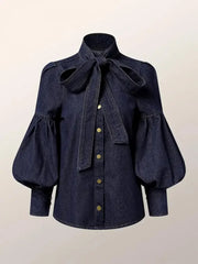 Pydshop Denim Puff Sleeve High Neck Top