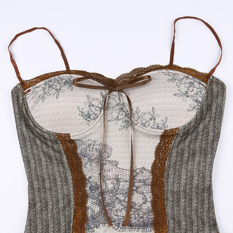 Pydshop Brown Lace Patchwork Slim Sleeveless Top