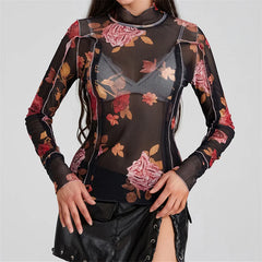 Pydshop Women Floral Print Mesh Top Long Sleeve Mock Neck See Through Tee Lettuce Trim Sheer Shirt Y2k Summer Blouse Top Streetwear