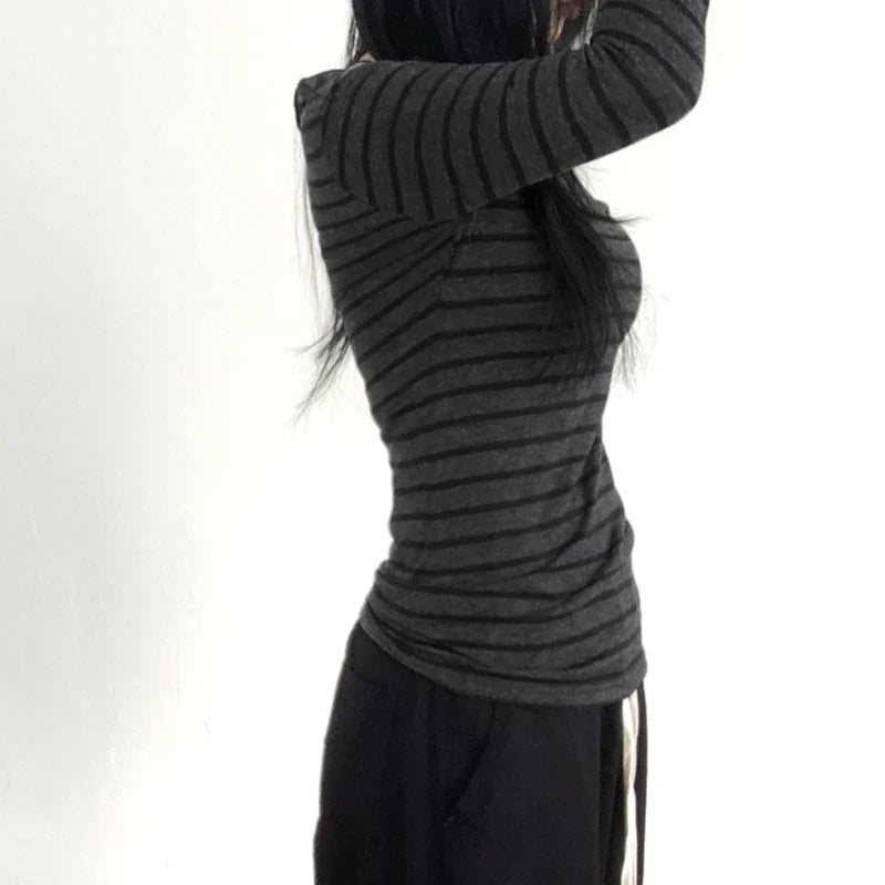 Pydshop Fairy Grunge Off Shoulder Crop Tops Striped Long Sleeve Slim Fit Tees Cyber Y2K T-shirt Women Autumn Spring Streetwear