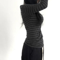 Pydshop Fairy Grunge Off Shoulder Crop Tops Striped Long Sleeve Slim Fit Tees Cyber Y2K T-shirt Women Autumn Spring Streetwear