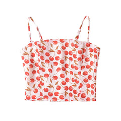 Pydshop Cherry Print Slash Collar Elastic Back Tank Top