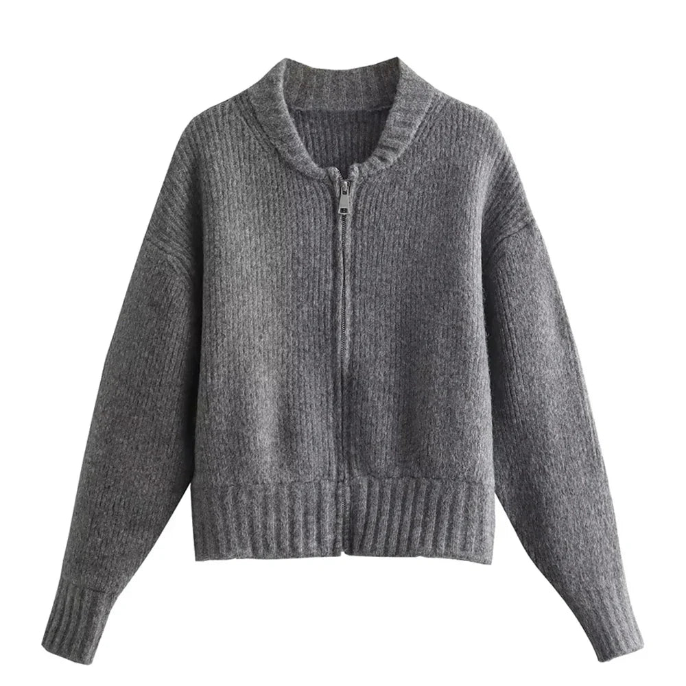 Pydshop Fashion Solid Zipper Sweater Women 2024 Autumn Winter Knit Bomber Jacket Female Round Collar Long Sleeve Lady Street Chic Tops