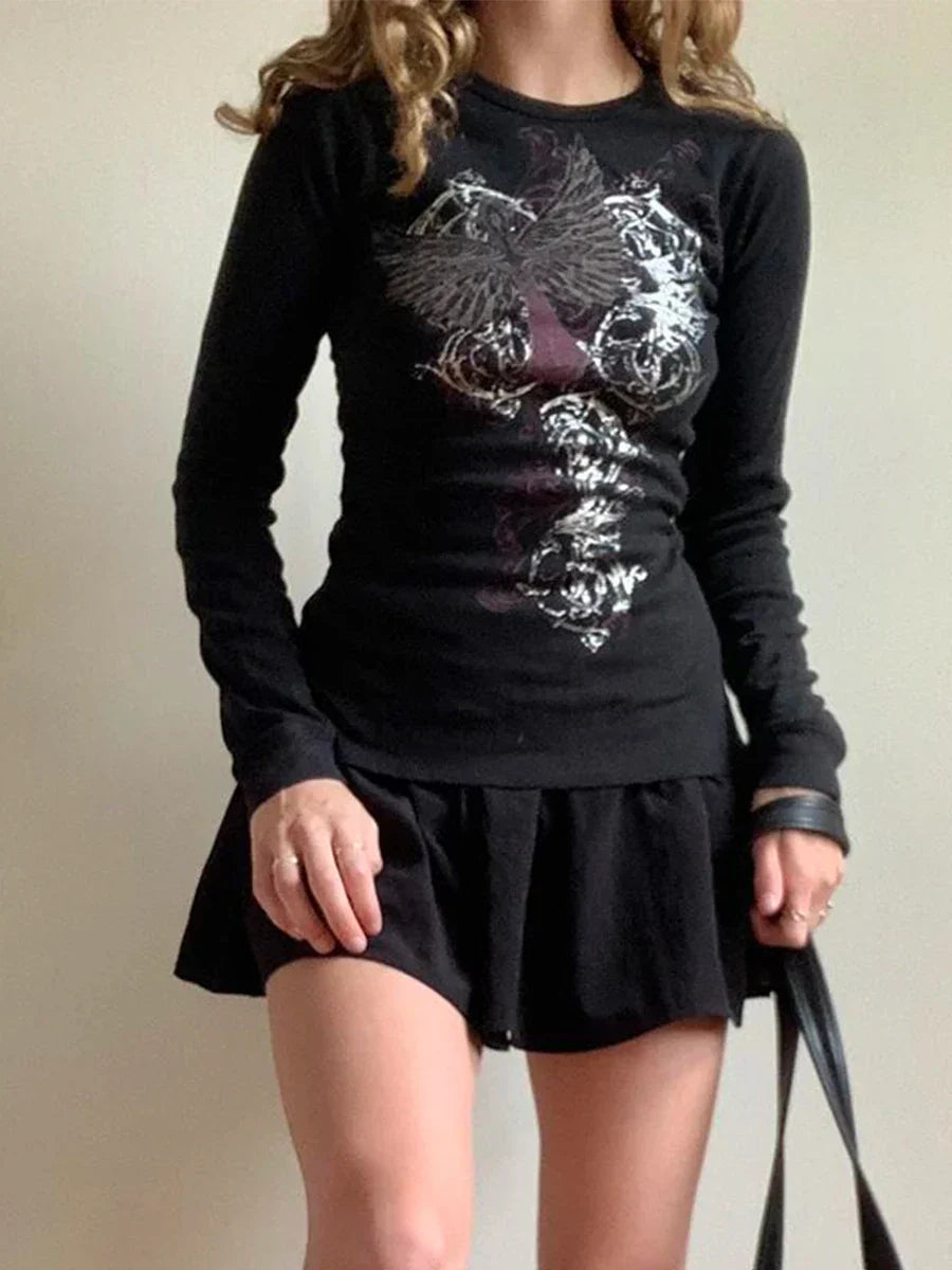 Pydshop Fairy Grunge T-Shirt Y2k Vintage Graphic Print Crop Top Knit Ribbed Retro Slim Gothic Punk Bluse Tee Top Streetwear