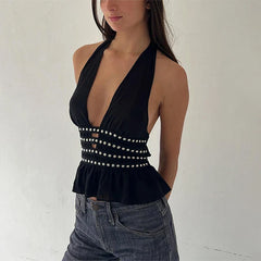 Pydshop Beading Deep V Halter Neck Open Back Crop Top