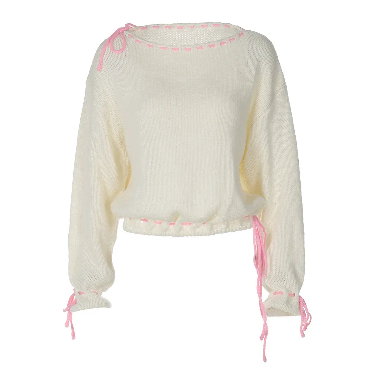 Pydshop Contrast Color Knitted Pullover Sweater Top For Women Drawstring Loose Long Sleeve Splice Autumn Winter Fashion Sweater