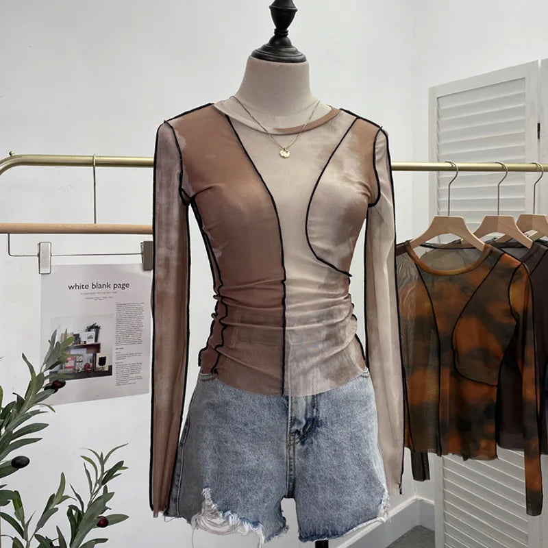 Pydshop Retro Smudged Print Sexy See Through Mesh Bottoming Shirt Slim Long Sleeved Top Y2K T-shirt Party Leisure Essential Streetwear