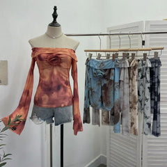 Pydshop Women's Retro Sfumato One Shoulder Flare Long Sleeve T-Shirt Chic Floral Bell Sleeve Off-The-Shoulder Mesh Top Blouse Club Wear