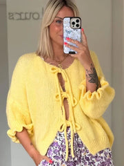 Pydshop Lace Up Knitted Cardigan Top For Women Sexy Cut Out Petal Sleeves Loose Sweater Outwear Female Solid Color Autumn Fashion