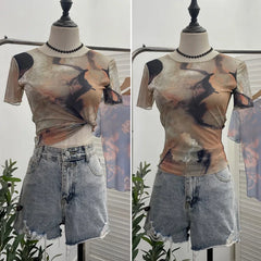 Pydshop Women's 2024 Retro Thin Mesh Butterfly Print Slim Short Sleeve T-Shirt Women's Summer Short Hot Girl Top Holiday Mini Summer Tee