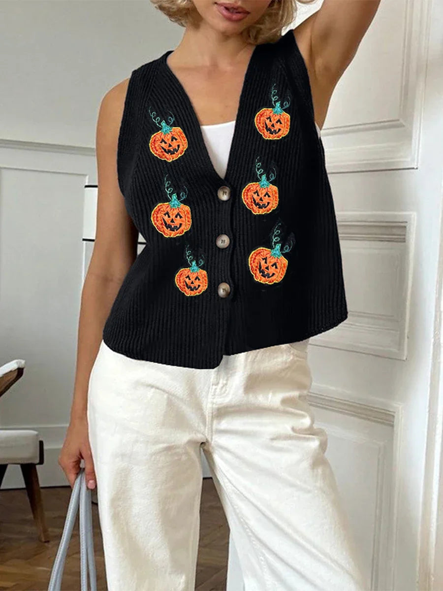 Pydshop Halloween Sweater Vest for Women Vintage Embroidered Pumpkin Face Button Crochet Tank Y2K Spooky Knit Vest Tops