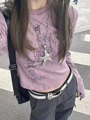 Pydshop Harajuku Graphic T Shirts Women Grunge Kpop Print Long Sleeve Tees Y2K Aesthetic Retro Casual Crop Tops 2000s Fairycore