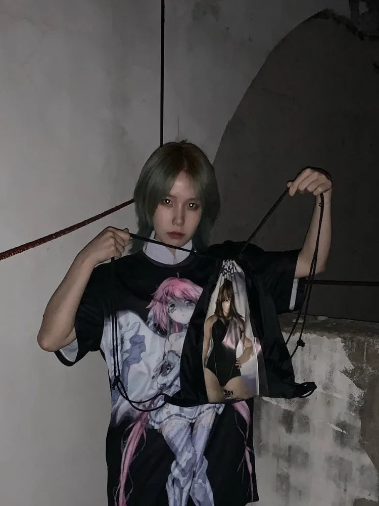 Pydshop Harajuku Anime Cartoon Print O-neck T-shirts 2024 Sumemr New Loose Unisex Tee Shirt Y2k Grunge Short Sleeve Tops Women