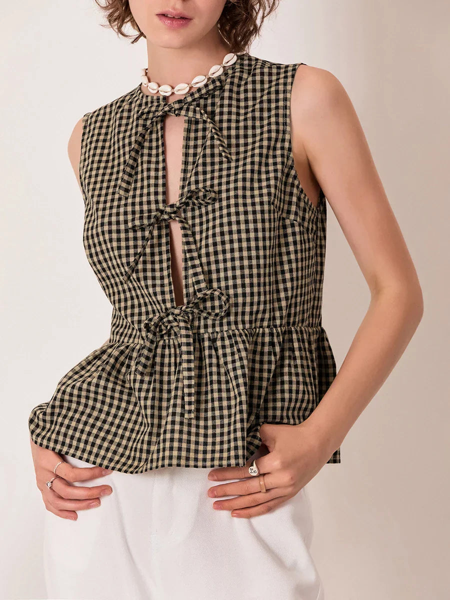 Pydshop 2000s Retro Plaids Bow Tied Front Bodydoll Tank Tops Women's Sleeveless Round Neck Ruffle Hem Vest Summer Stylish Tops