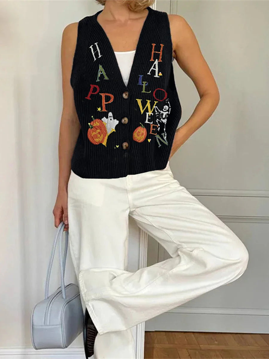 Pydshop Halloween Sweater Vest for Women Vintage Embroidered Pumpkin Face Button Crochet Tank Y2K Spooky Knit Vest Tops