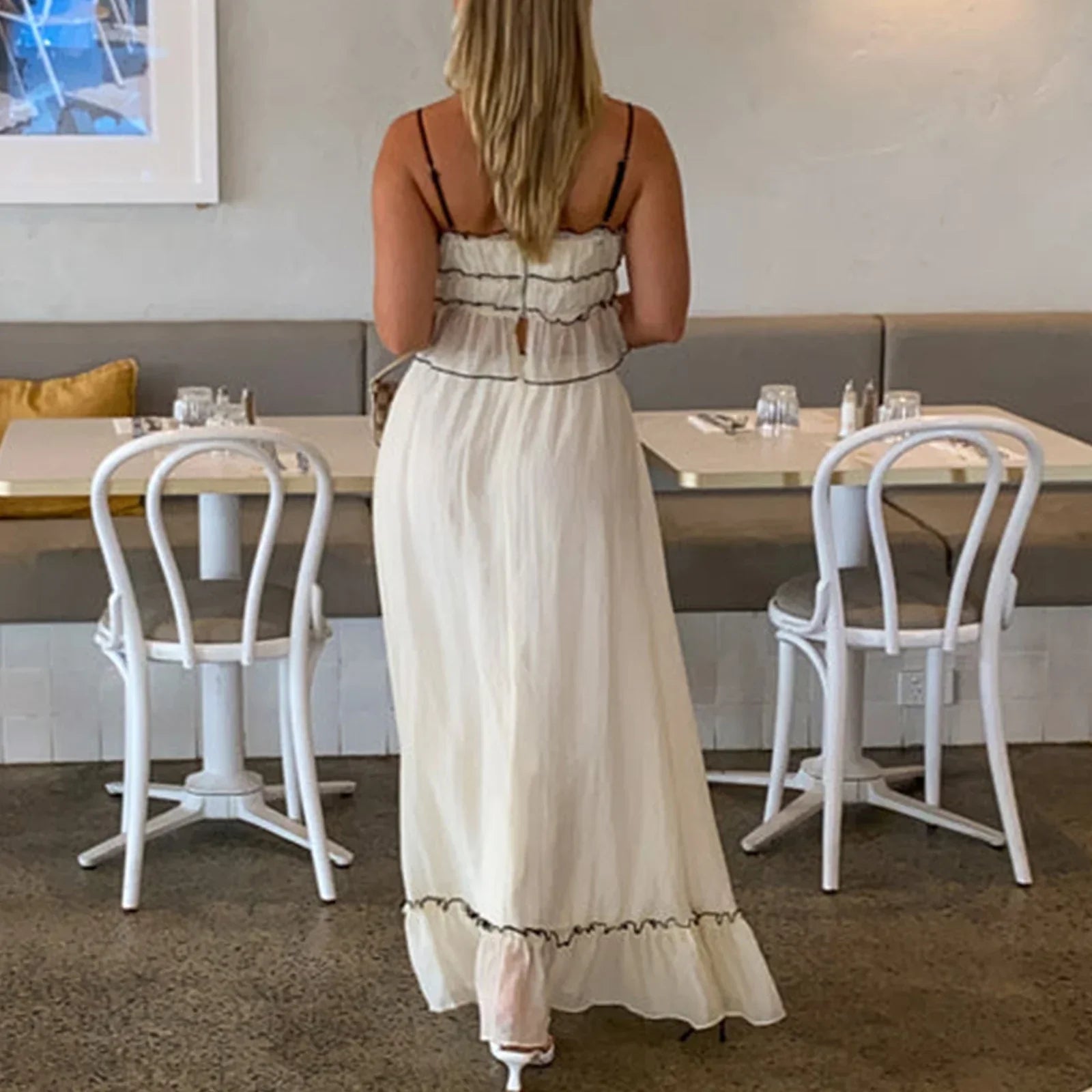 Pydshop Fairy Vintage Outfits Streetwear Elegant Holiday 2 Piece Ruffles Front Tie Up Crop Top Camis + High Waist A-line Maxi Long Skirt